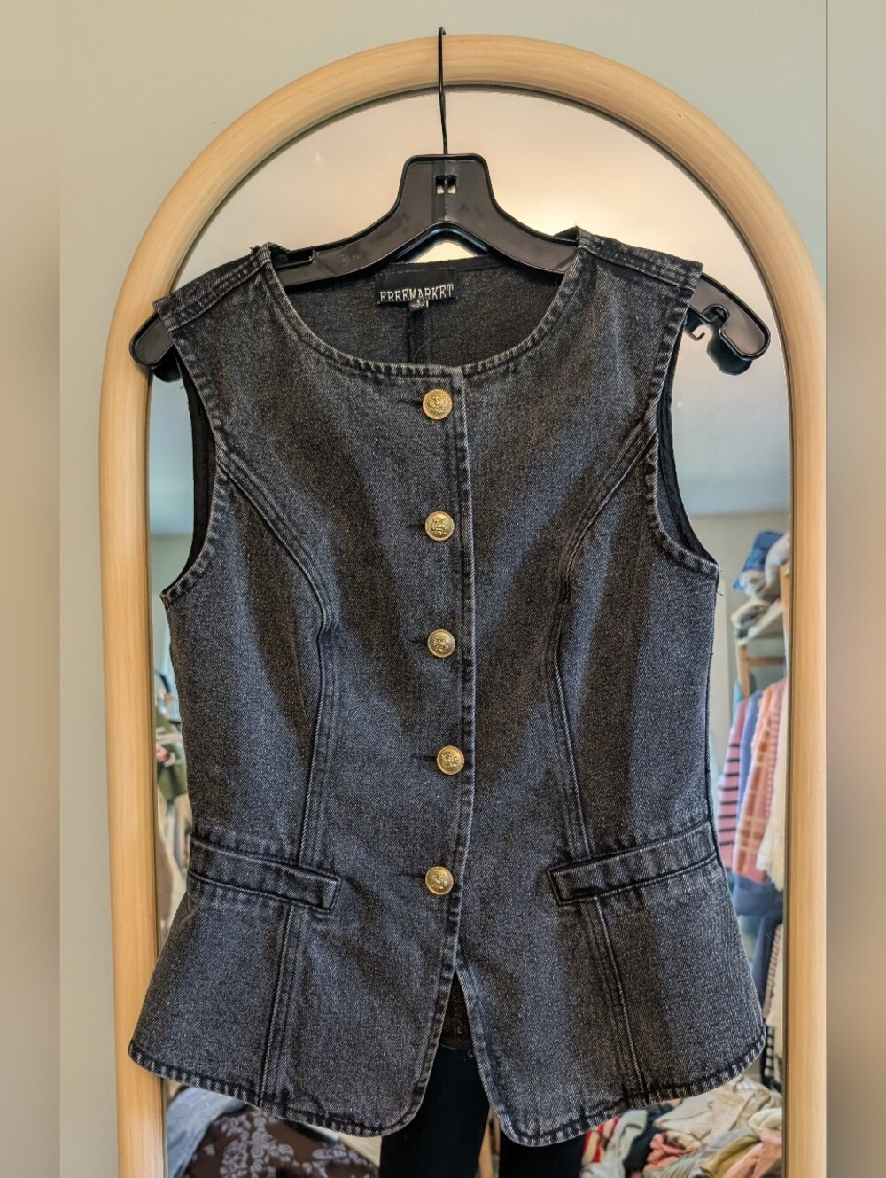FREEMARKET Denim Mystic Sands Black Denim Vest with Gold Buttons
